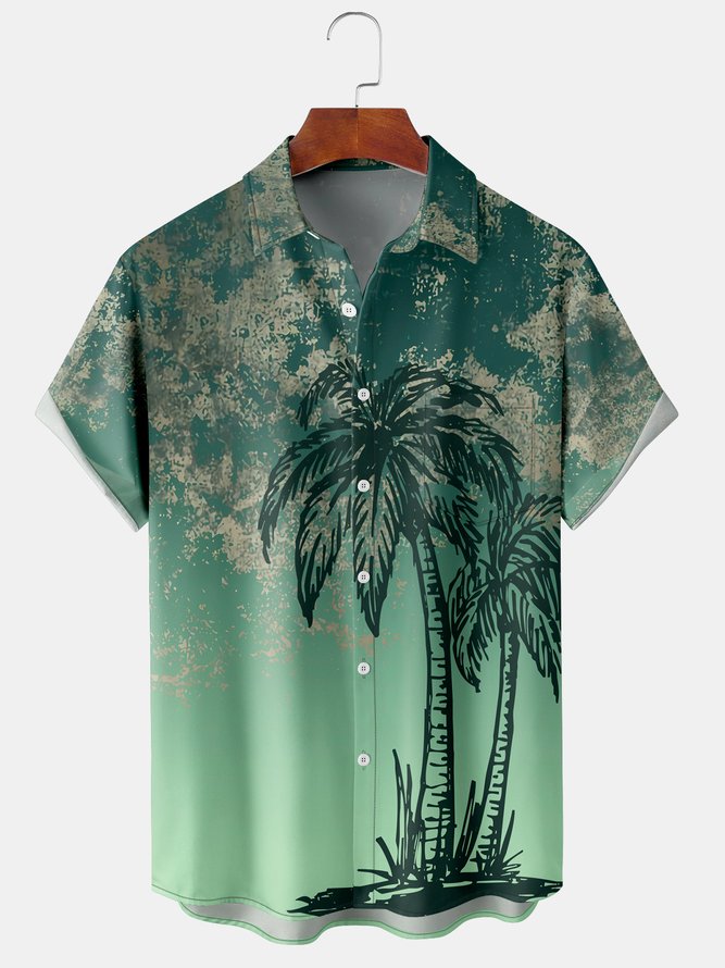Resort Style Hawaiian Series Gradient Color Coconut Tree Element Pattern Lapel Short-Sleeved Chest Pocket Shirt Printed Top