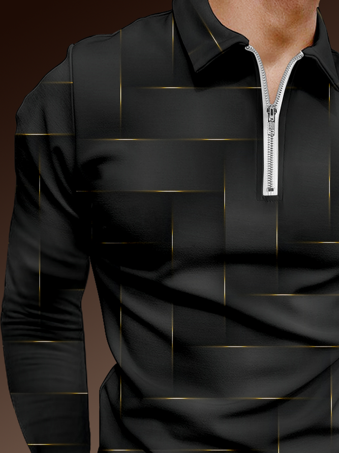 Mens Casual Art Gradient Geometric Stripes Long Sleeve Polo Shirt Lapel Print Top