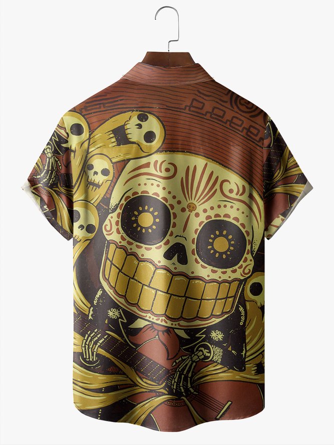 Men's Halloween Skull Print Anti-Wrinkle Moisture Wicking Fabric Fashion Hawaiian Lapel Short Sleeve Shirts