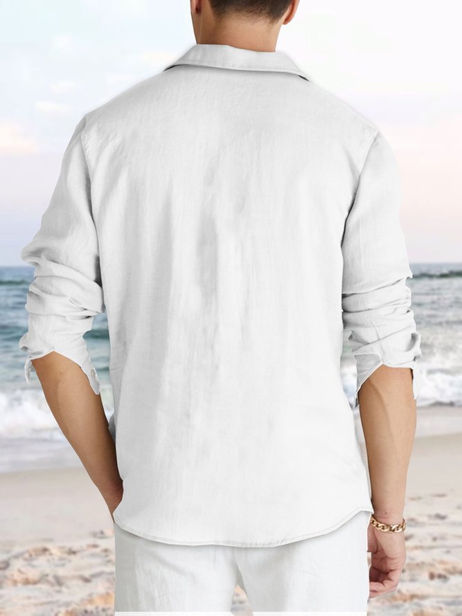 Men's Embroidered Pintuck Panel Cotton Linen Long Sleeve Shirt