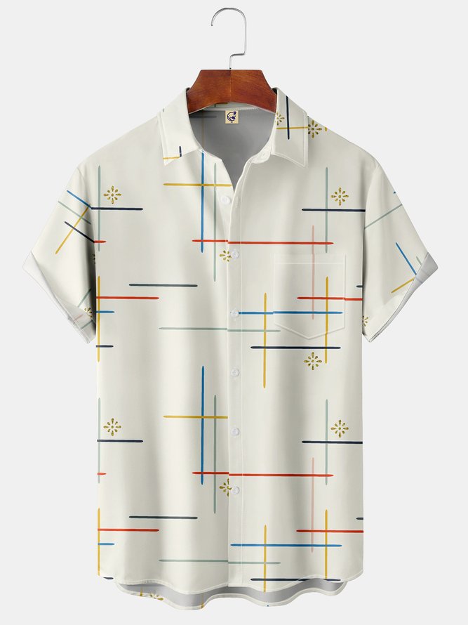 Men's Casual Short Sleeve Hawaiian Shirt with Chest Pocket Geometric Lines