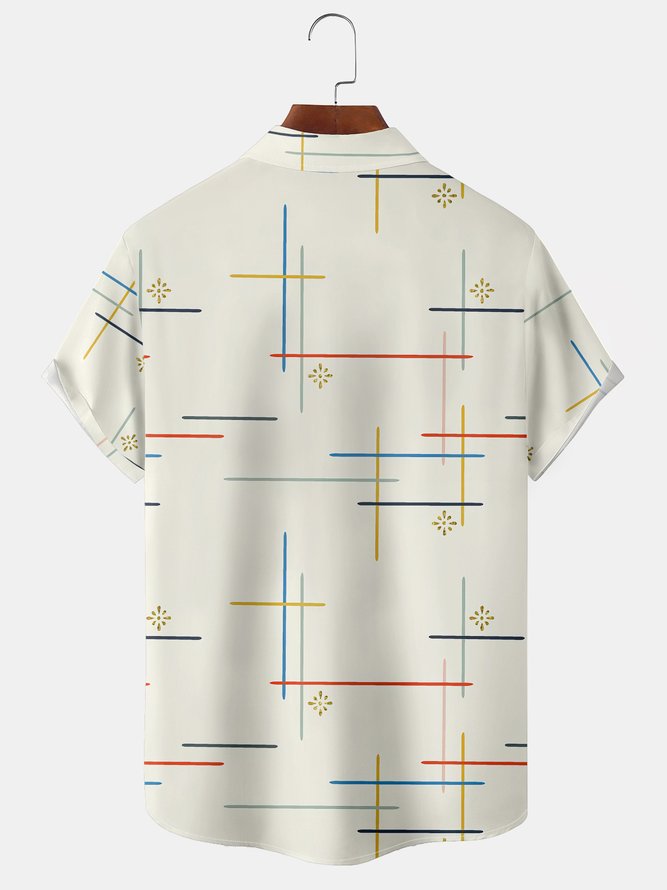 Men's Casual Short Sleeve Hawaiian Shirt with Chest Pocket Geometric Lines