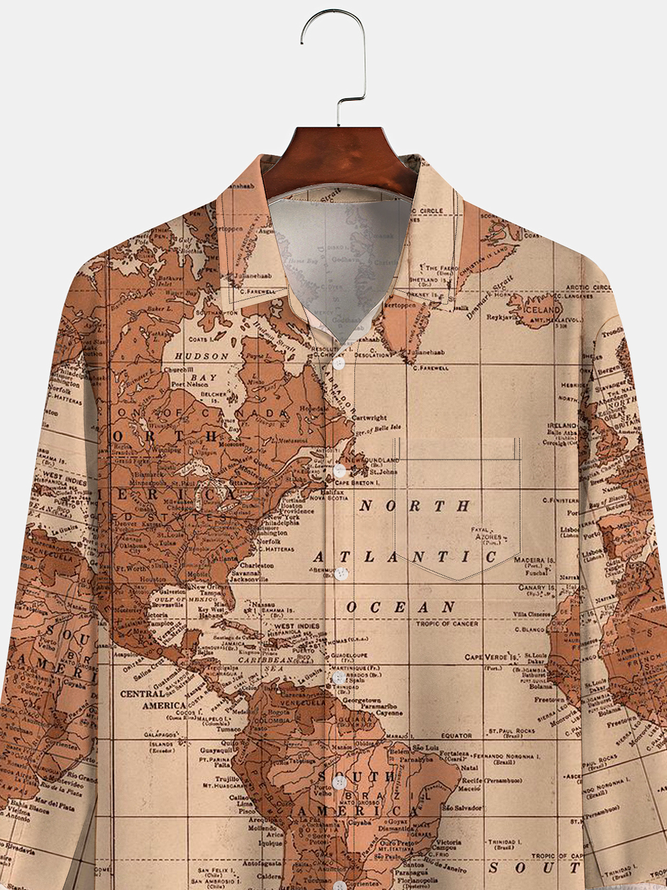 Mens Map Print Front Buttons Soft Breathable Chest Pocket Casual Hawaiian Shirt