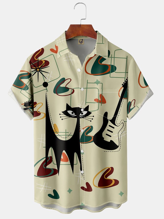 Mens Casual Mid-Century Retro Geometric Cat Guitar Lapel Short Sleeve Shirt Chest Pocket Shirt