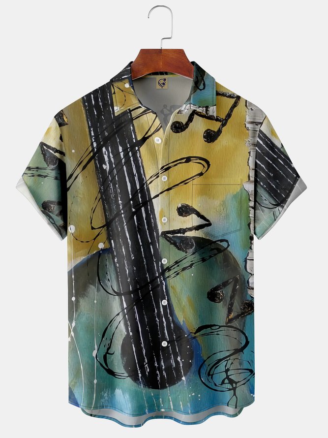 Men's Music Guitar Print Fashion Hawaiian Lapel Short Sleeve Shirt
