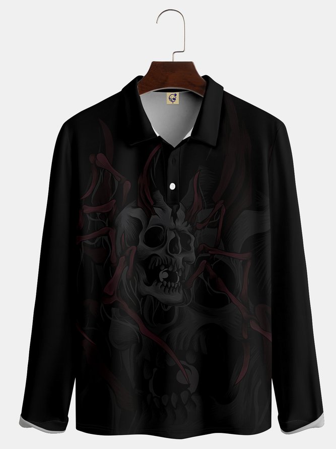 Men's Halloween Abstract Skull Button Long Sleeve Polo Shirt Casual Style Art Collection Lapel Print Top