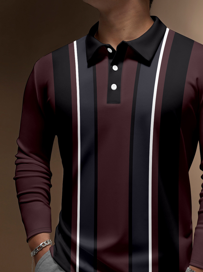 Striped Buttons Long Sleeve Bowling Polo