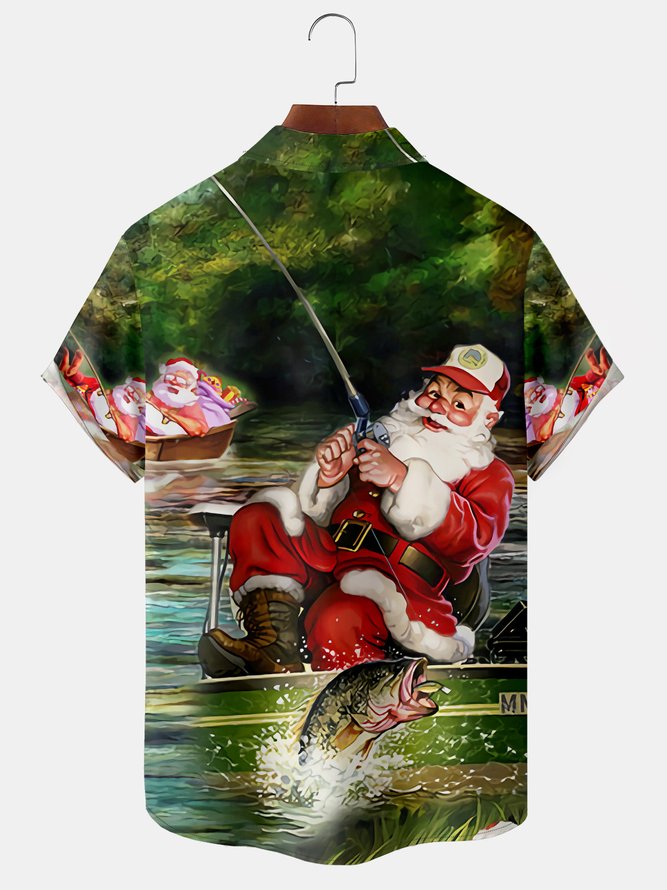 Santa Claus Fishing Chest Pocket Short Sleeve Hawaiian Shirt