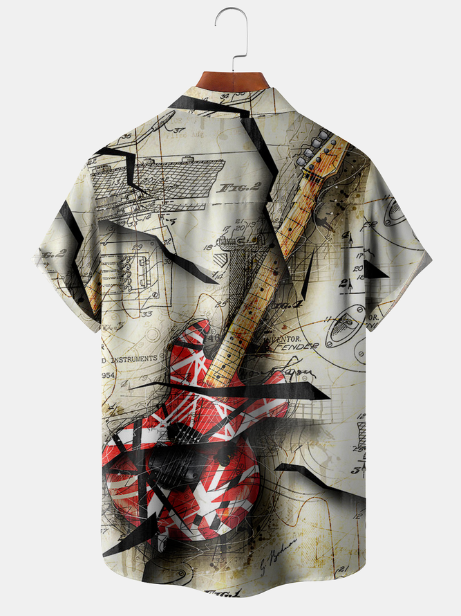 Crack Guitar Chest Pocket Short Sleeve Casual Shirt