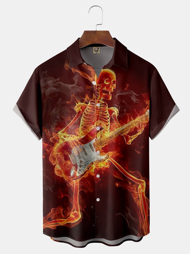 Skull Guitar Chest Pocket Short Sleeve Shirt