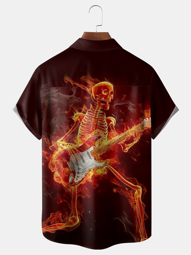Skull Guitar Chest Pocket Short Sleeve Shirt