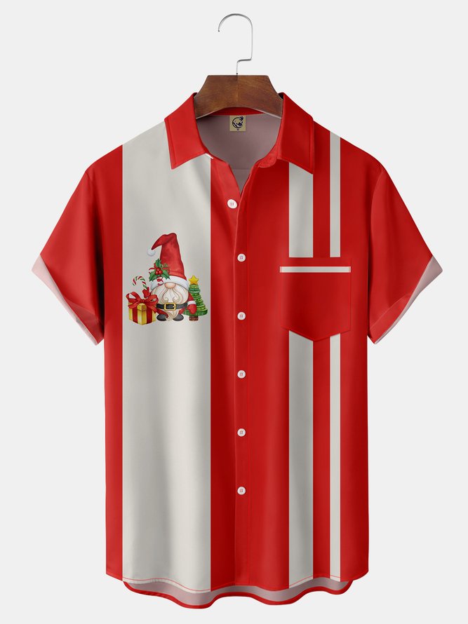 Christmas Gnomes Chest Pocket Short Sleeve Bowling Shirt