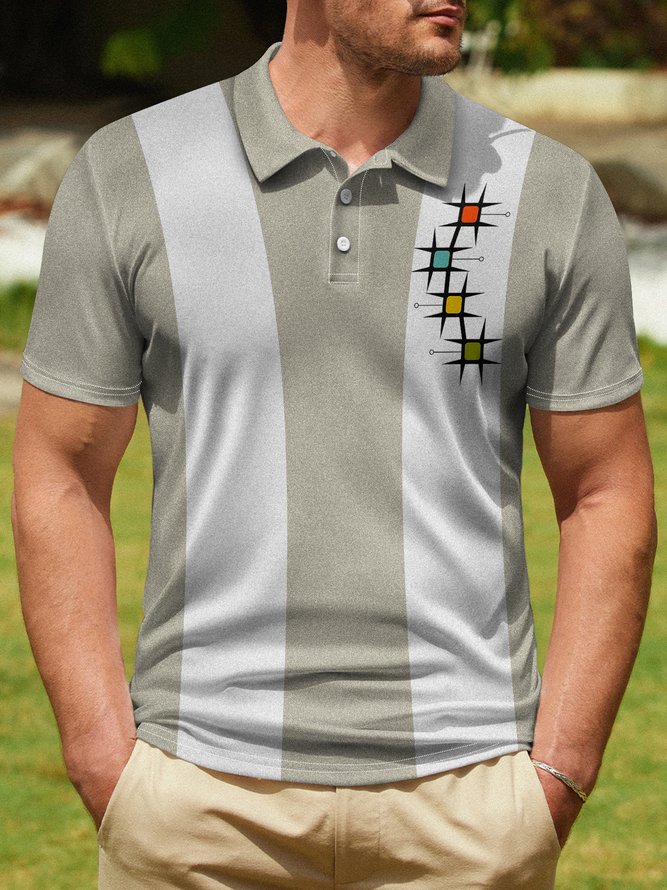 Mid Century Geometric Button Short Sleeve Polo Shirt