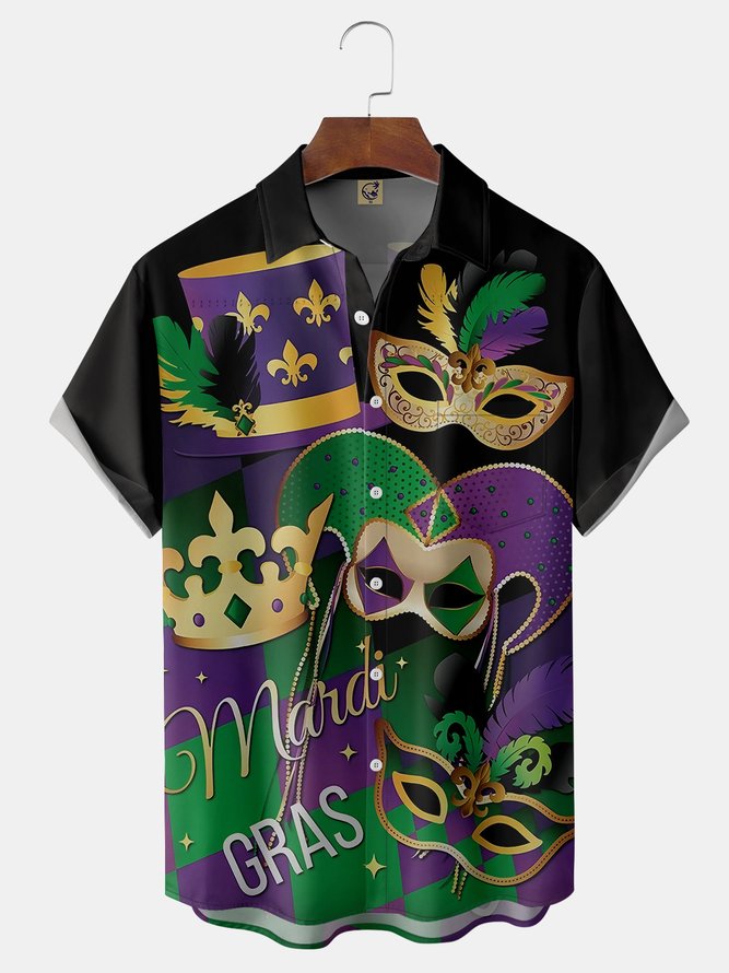 Mardi Gras Mask Chest Pocket Short Sleeve Shirt