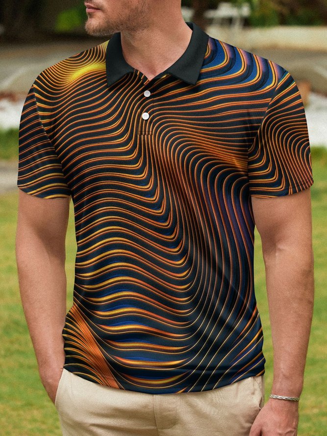 Abstract Gradient Stripe Button Short Sleeve Polo Shirt
