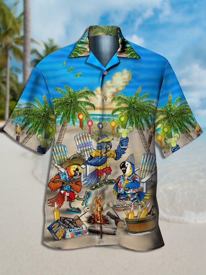 Mens Parrot Print Hawaiian Short Sleeve Shirt Collar Trendy Aloha Shirt ...