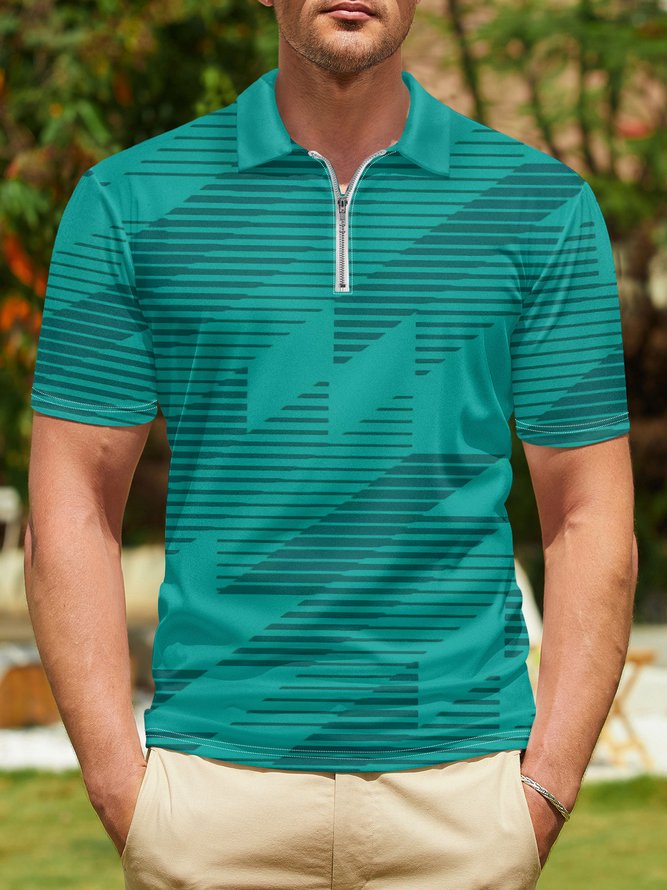 Geometric Color Block Zip Short Sleeve Polo Shirt