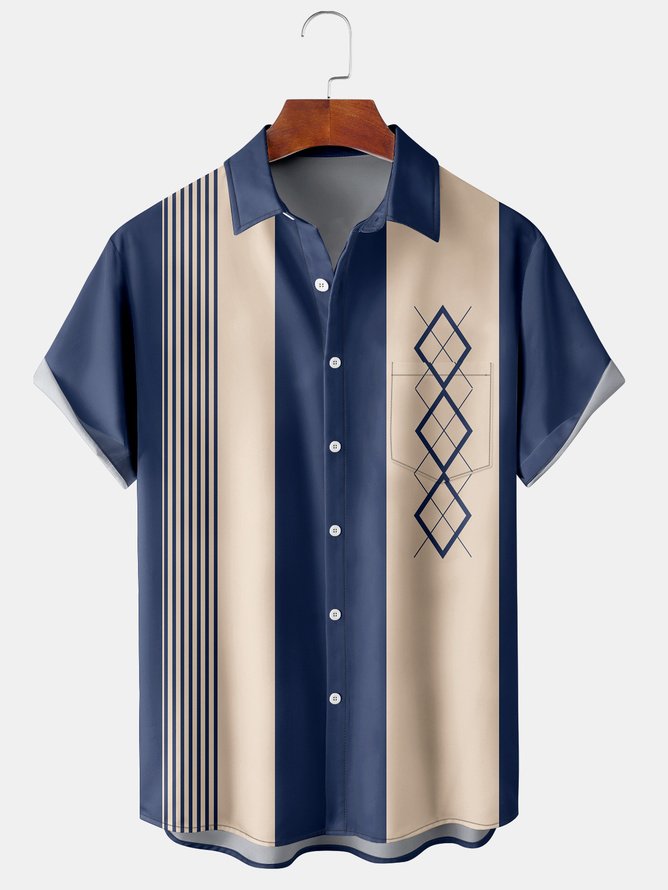 Big Size Mid Century Geometric Chest Pocket Short Sleeve Bowling Shirt