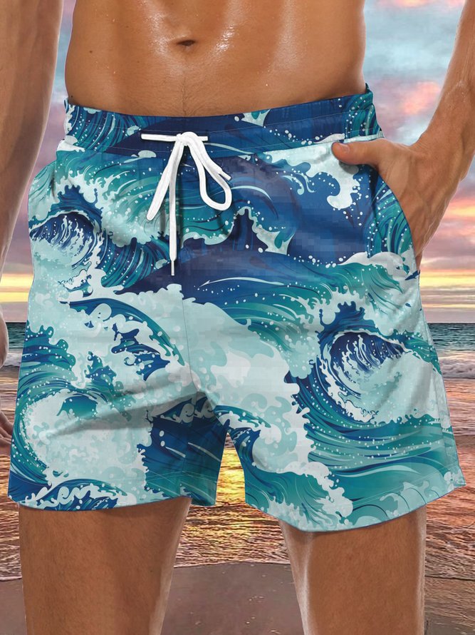 Ocean Wave Drawstring Beach Shorts