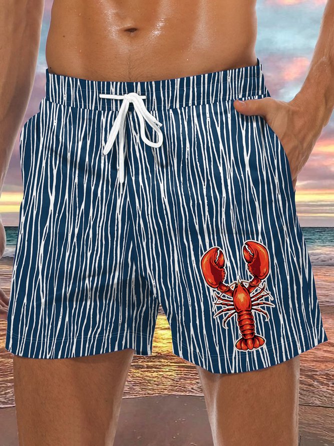 Striped Marine Life Lobster Drawstring Beach Shorts
