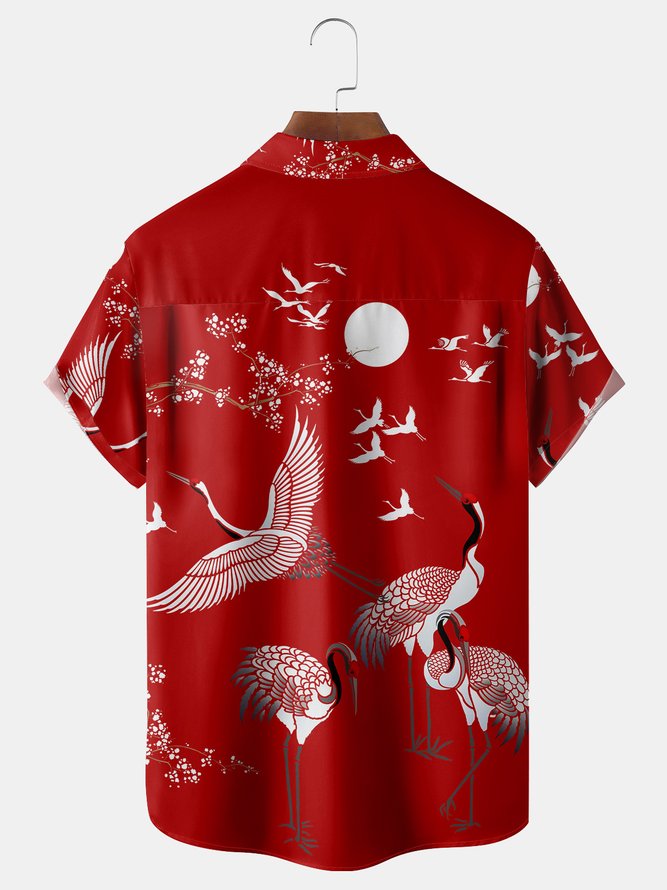 Japanese Crane Chest Pocket Short Sleeve Casual Shirt