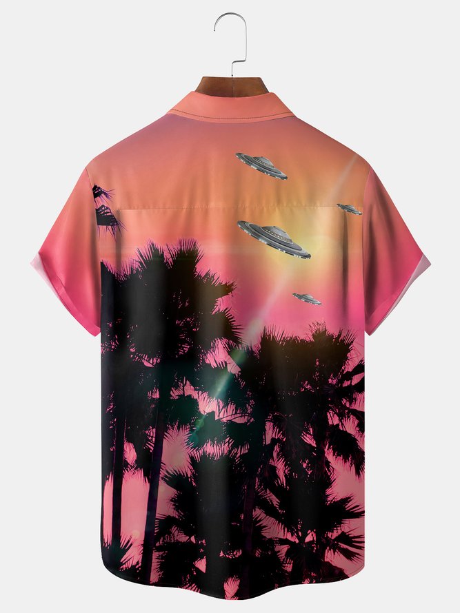 UFO Palm Tree Chest Pocket Short Sleeve Hawaiian Shirt