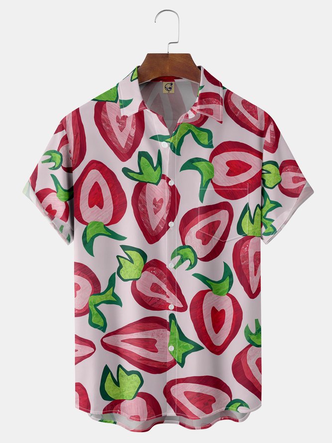Fruit Strawberry Chest Pocket Short Sleeve Hawaiian Shirt