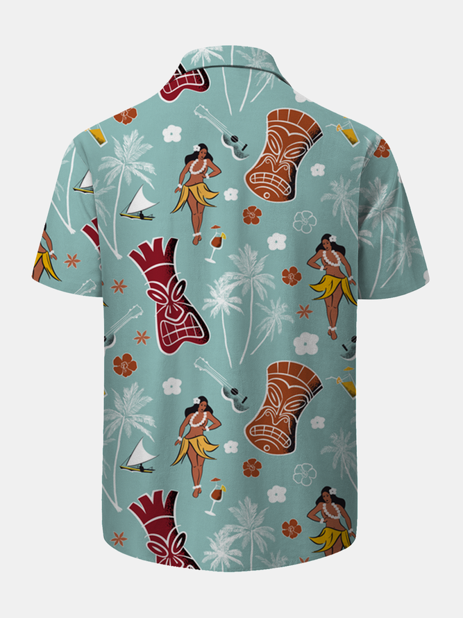 TIKI Coconut Tree Chest Pocket Short Sleeve Aloha Shirt