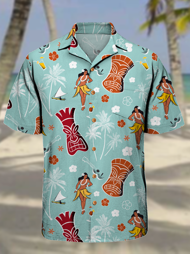 TIKI Coconut Tree Chest Pocket Short Sleeve Aloha Shirt