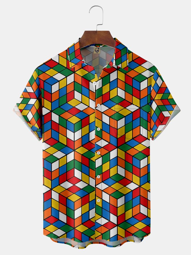 Magic Cube Chest Pocket Short Sleeve Casual Shirt