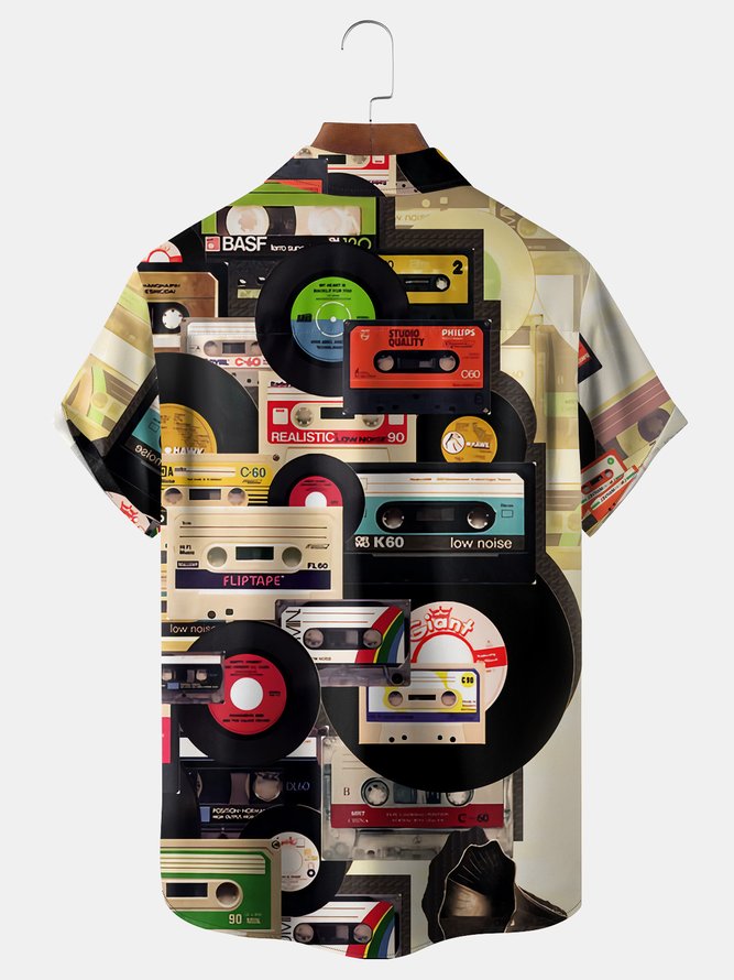 Music Magnetic Tape Chest Pocket Short Sleeve Casual Shirt