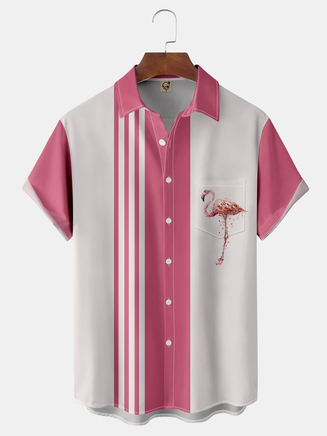 Geometric Flamingo Chest Pocket Short Sleeve Bowling Shirt