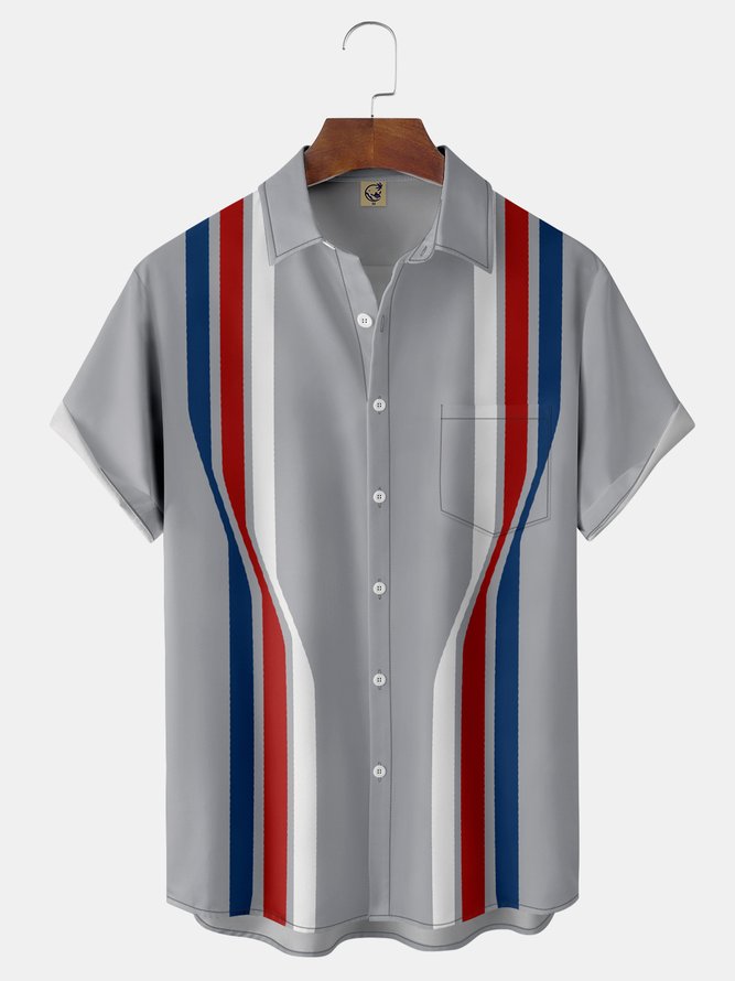 Abstract Striped Chest Pocket Short Sleeve Bowling Shirt