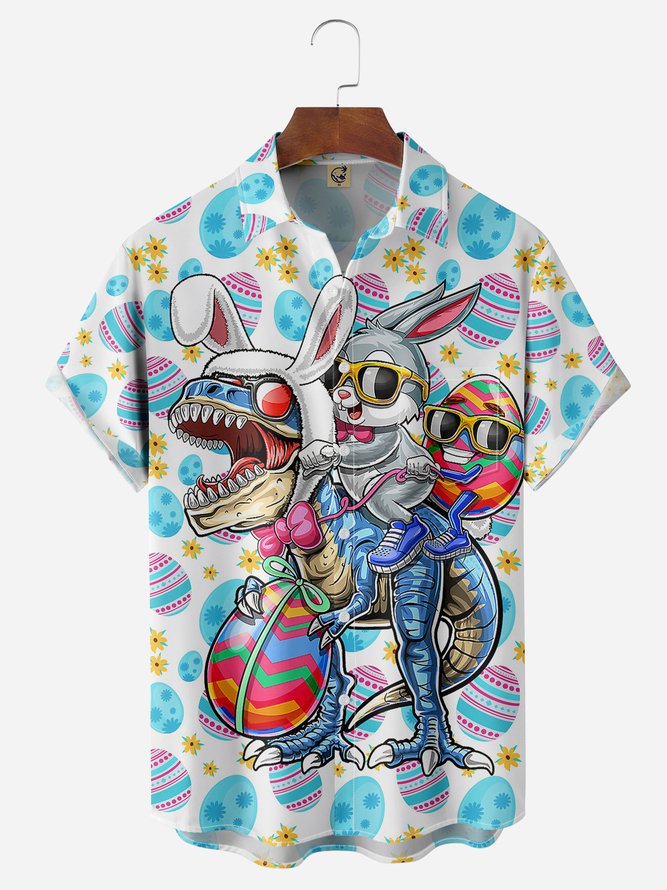 Easter Creative Dinosaur Chest Pocket Short Sleeve Casual Shirt