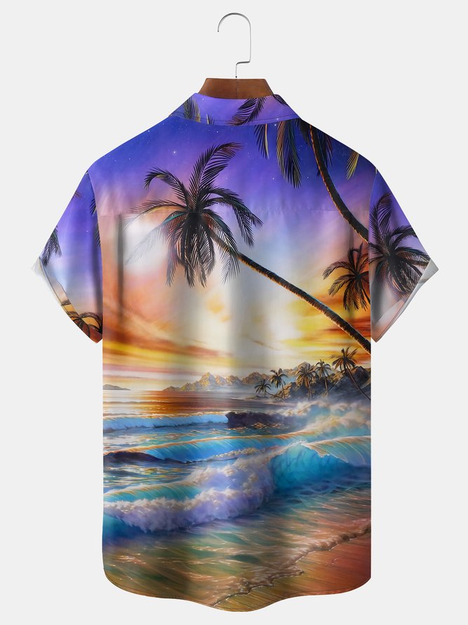 Coconut Tree Painting Chest Pocket Short Sleeve Hawaiian Shirt | hawalili
