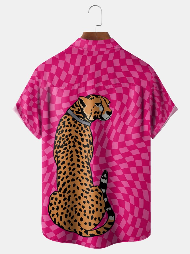 Leopard Checkerboard Chest Pocket Short Sleeve Hawaiian Shirt