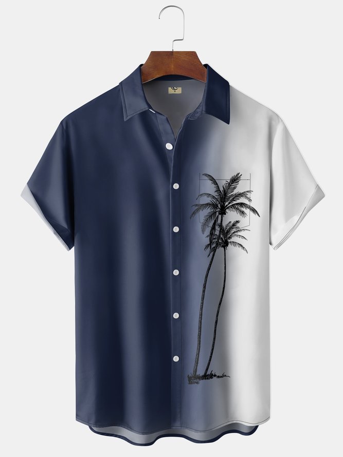 Mens Gradient Coconut Tree Print Casual Short Sleeve Shirt Hawaiian Top