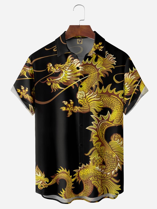 Artistic Dragon Pattern Chest Pocket Short Sleeve Casual Shirt