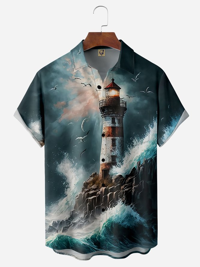 Lighthouse Chest Pocket Short Sleeve Hawaiian Shirt