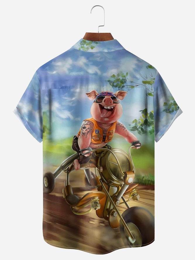 Moto Pig Chest Pocket Short Sleeve Casual Shirt