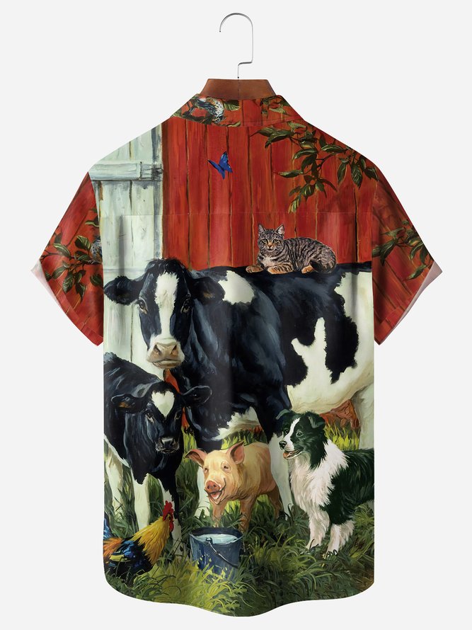 Farm Dairy Cow Chest Pocket Short Sleeve Casual Shirt