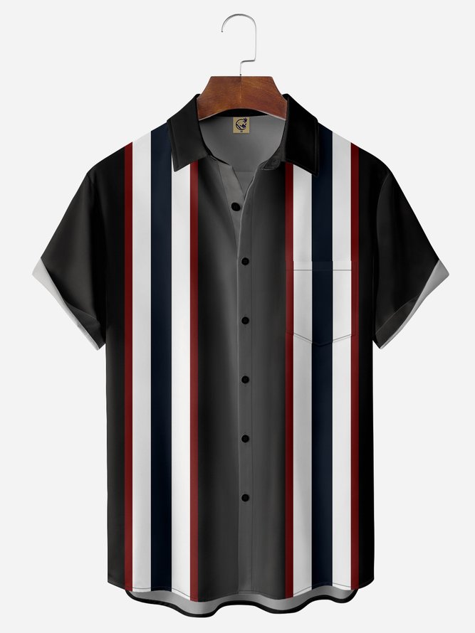 Gradient Striped Chest Pocket Short Sleeve Bowling Shirt | hawalili
