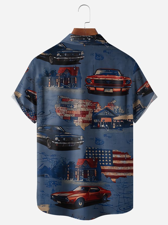 American Flag Car Chest Pocket Short Sleeves Casual Shirts