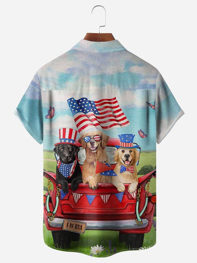 Dogs Car Chest Pocket Short Sleeve Casual Shirt