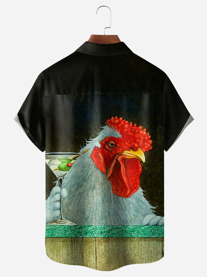 Rooster Drinking Chest Pocket Short Sleeve Hawaiian Shirt