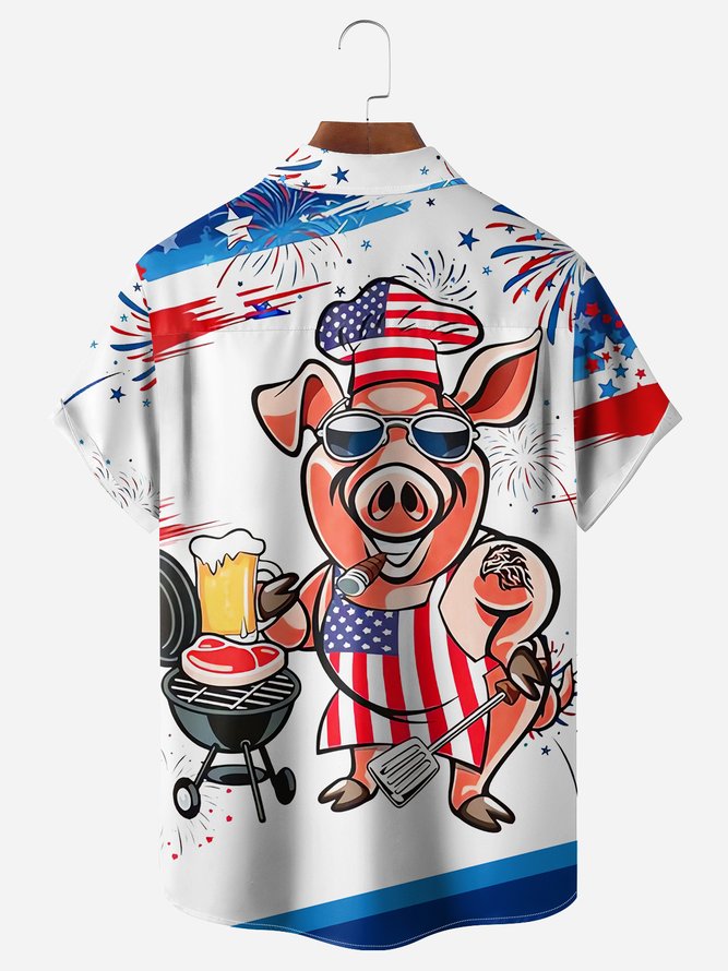 Big Size BBQ Chef Pig Chest Pocket Short Sleeve Hawaiian Shirt