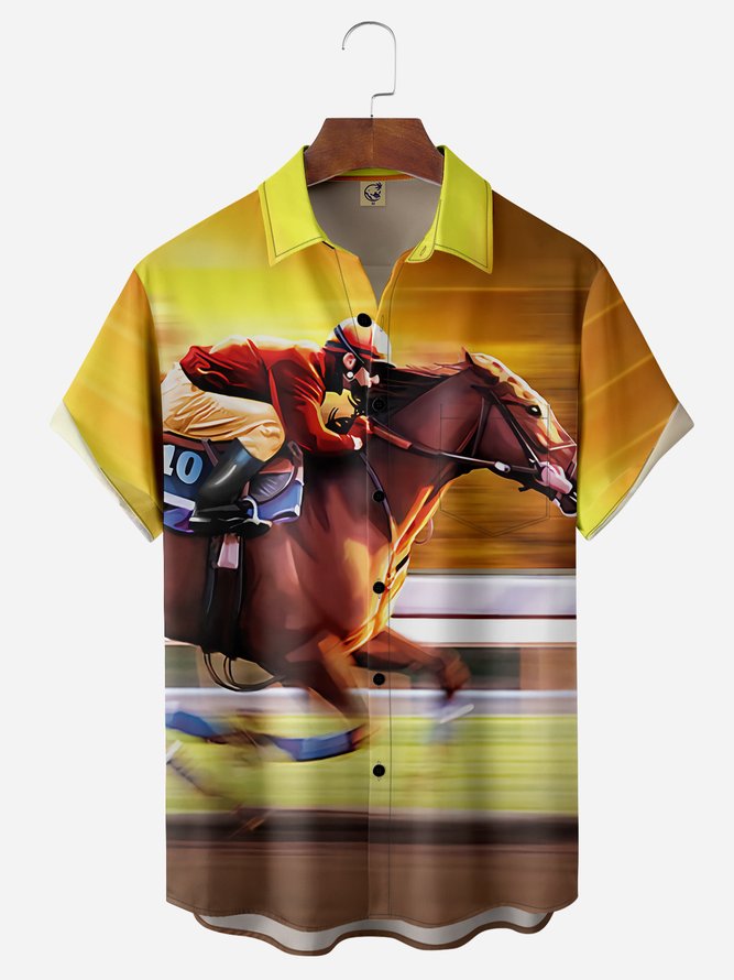 Horse Racing Chest Pocket Short Sleeve Casual Shirt