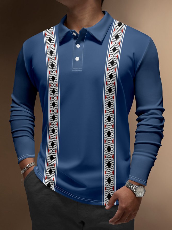 Geometric Color Block Button Long Sleeve Bowling Polo Shirt