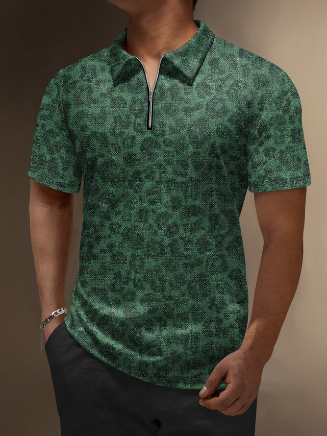 Leopard Zip Short Sleeves Casual Polo Shirt