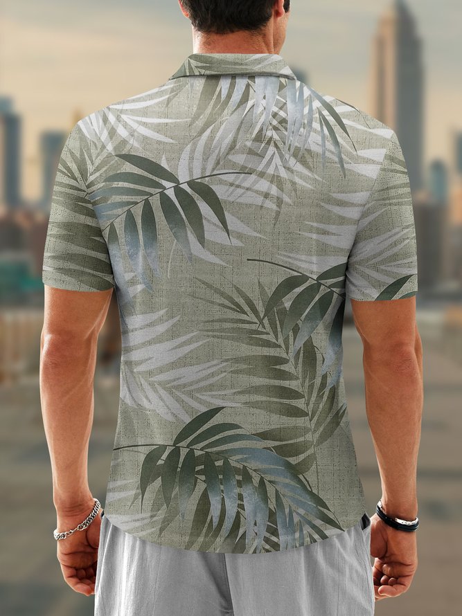 Tropical Plants Zipper Short Sleeve Hawaiian Polo Shirt